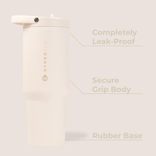 HydroJug Sport - Stainless Steel Tumbler with Straw, Vacuum Insulated, 32oz Leakproof Water Bottle, Ergonomic Design, Reusable, Dishwasher Safe, Rubber Base, Durable for Gym or Outdoors, Cream