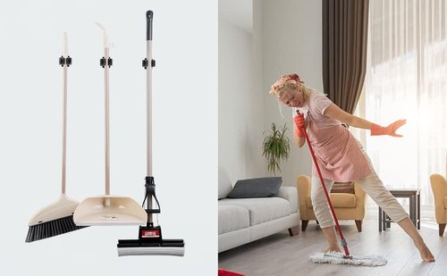 JAMEND Heavy-Duty Broom and Mop Holder | 9-Piece Garden Tool Organizer Rack in Matte Black