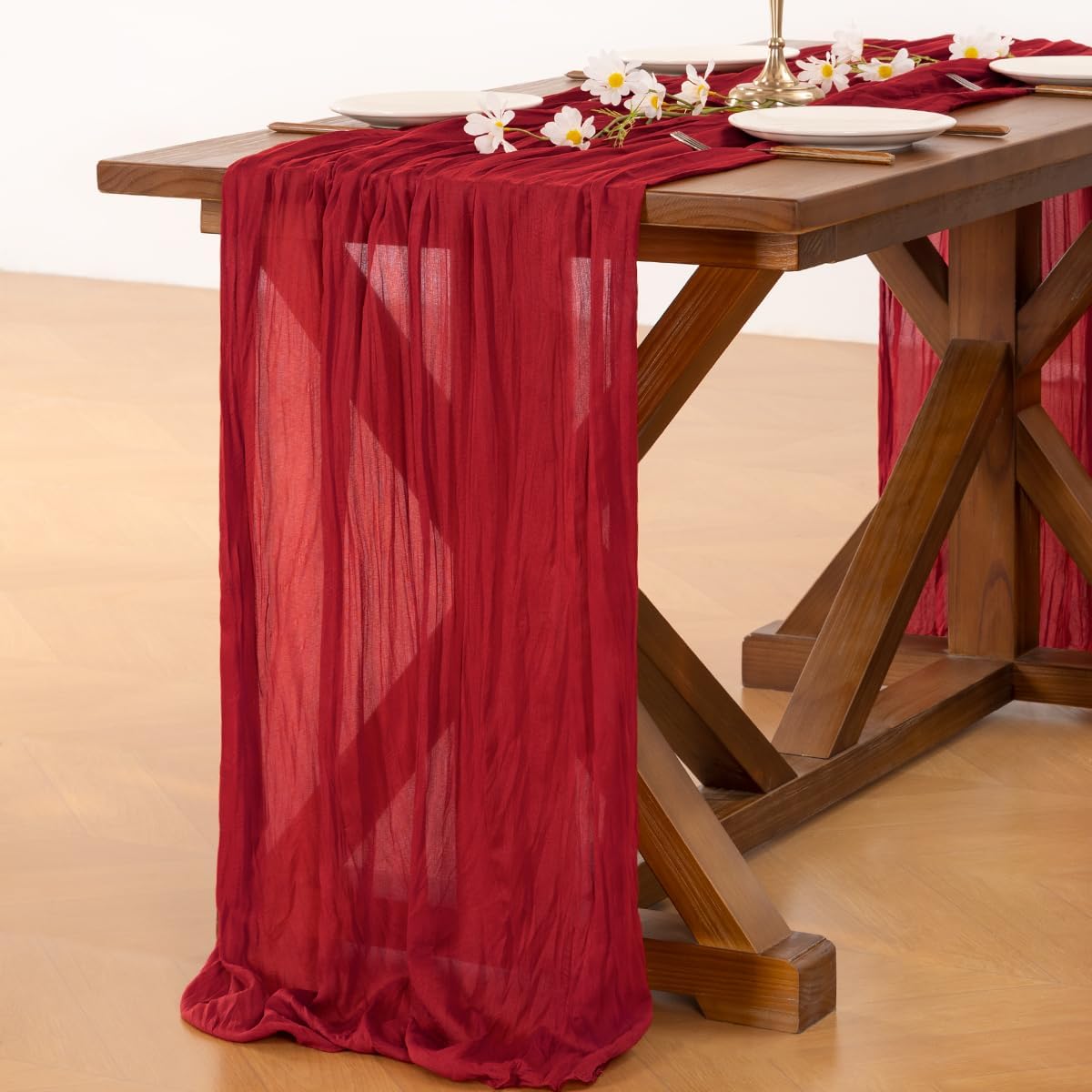 Socomi Cheesecloth Table Runner - 120 Inch Red Boho Rustic Gauze for Weddings & Events