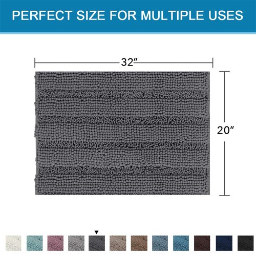 H.VERSAILTEX Bath Rugs for Bathroom Non Slip Bath Mats Extra Thick Chenille Striped Rug 20" x 32" Absorbent Non Skid Fluffy Soft Shaggy Washable Dry Fast Plush Mat for Indoor, Bath Room, Tub - Grey