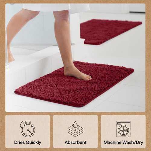 GORILLA GRIP Bath Rug Mat - Soft Absorbent Chenille | Quick-Dry Microfiber, 48x24, Burgundy