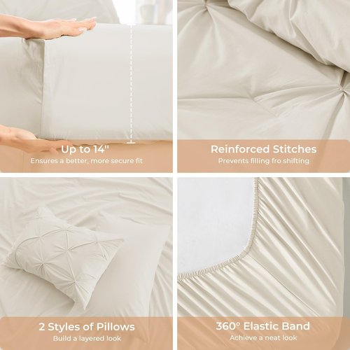 Sasttie Queen Comforter Set, 7-Piece Bed in a Bag, Pintuck Bedding Sets for All Season, Includes Comforter, Flat Sheet, Fitted Sheet, Pillowcases and Pillowshams, Beige