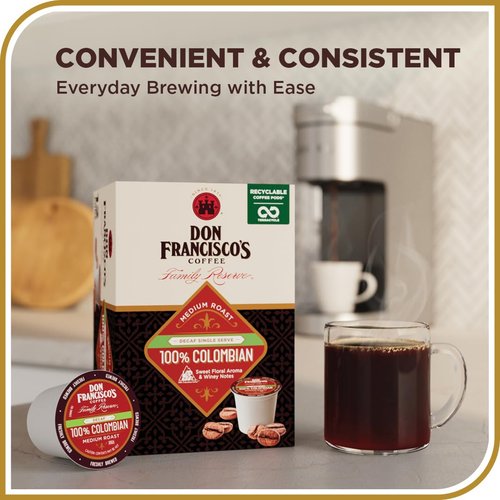 Don Francisco's Decaf 100% Colombia Coffee Pods, 24 Count, Medium Roast, Compatible with Keurig Brewers