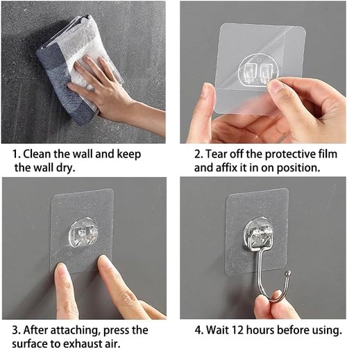 Kimono Heavy-Duty Adhesive Hooks - Transparent Waterproof Wall Hooks for Towel & Coat | 8-Pack