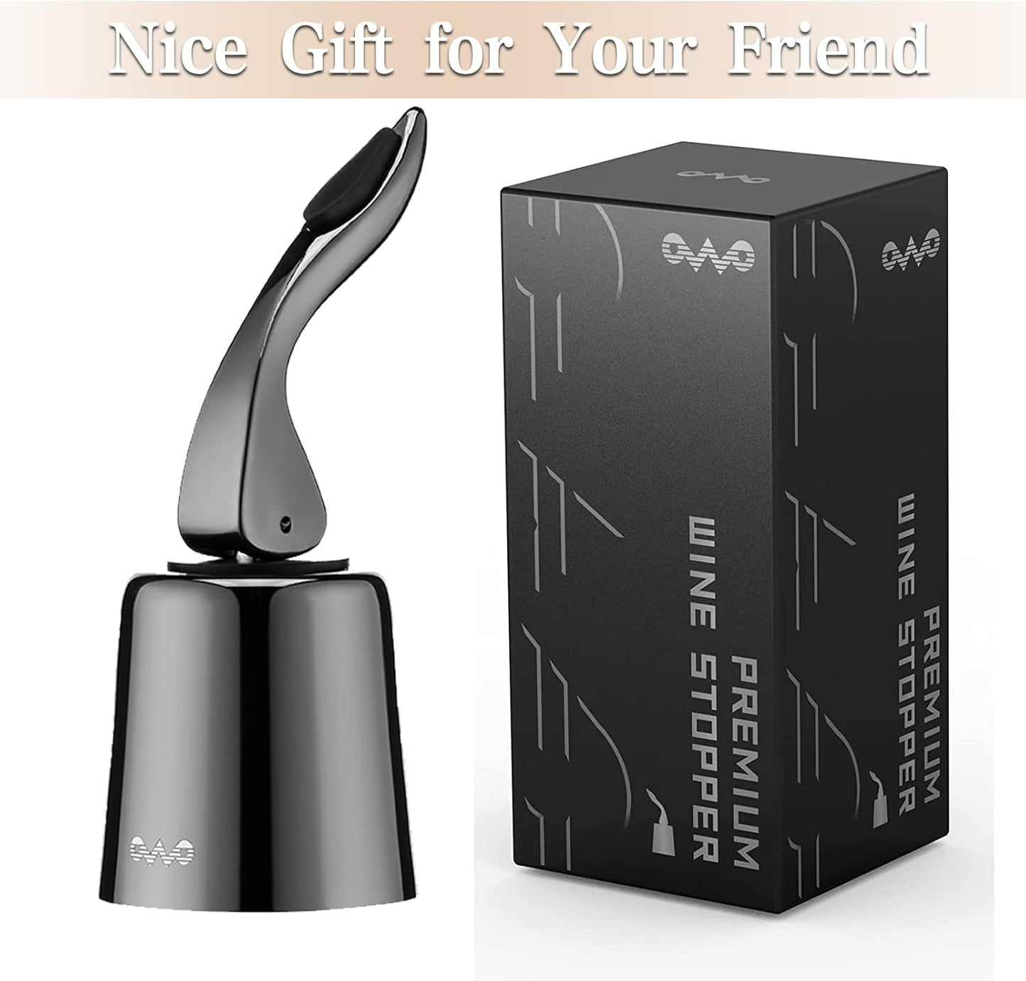 OWO Stainless Steel Wine Bottle Stopper, Reusable Wine Saver with Silicone Seal, Decorative Bottle Sealer, Keeps Fresh(Metal Black, 1 Pack)
