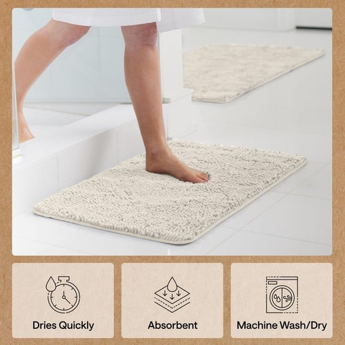 GORILLA GRIP Bath Rug Mat - Thick Soft Absorbent Chenille | Quick Dry Microfiber, 24x17, Ivory