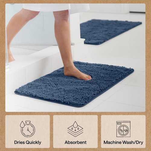 GORILLA GRIP Bath Rug Mat - Soft Absorbent Chenille | Quick-Dry Microfiber, 60x17, Navy Blue
