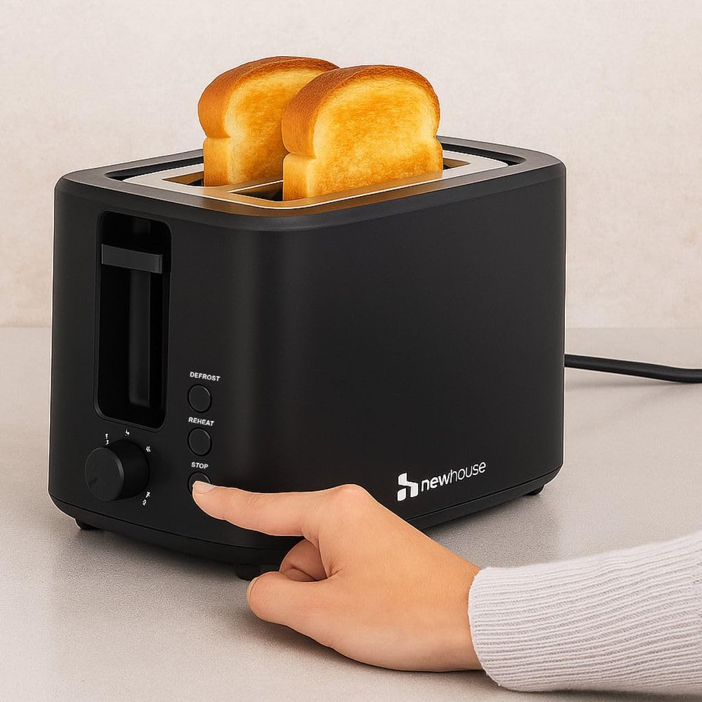 Newhouse 700W Black 2-Slice Toaster - Auto Pop-Up & Cool-To-Touch Kitchen Essential for Modern Homes
