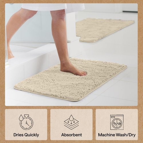 GORILLA GRIP Bath Rug Mat - Thick Soft Absorbent Chenille | Quick Dry Microfiber, 60x24, Sand Color
