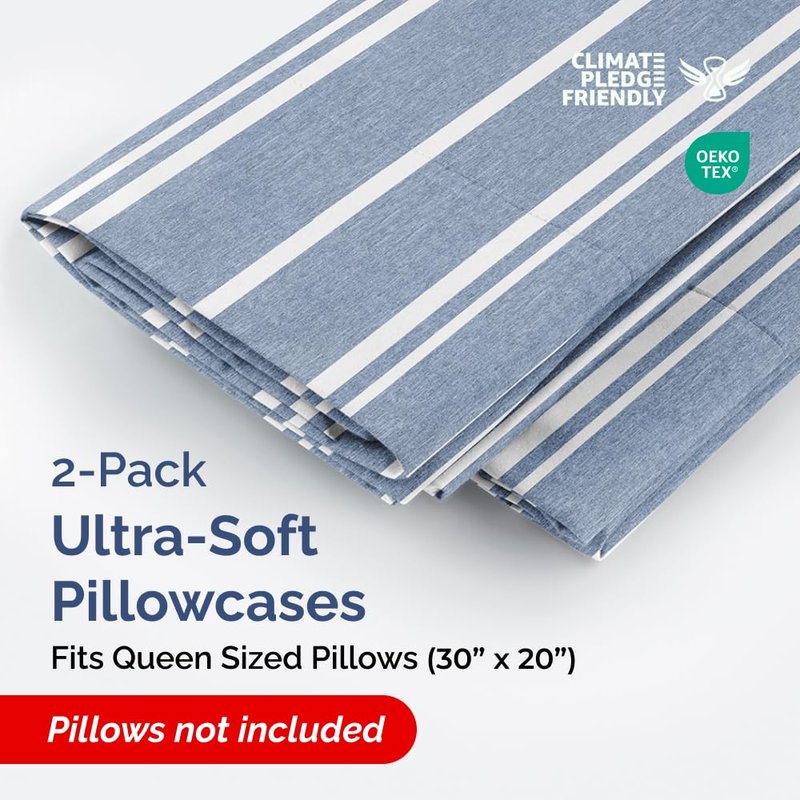 Queen Pillow Cases Set of 2 - Ultra Soft Hotel Quality Pillowcase Covers - Comfy, Cozy & Wrinkle Free - Shrinkage and Fade Resistant - Machine Washable Pillow Protectors - 2 Piece Set - Blue Stripes 3