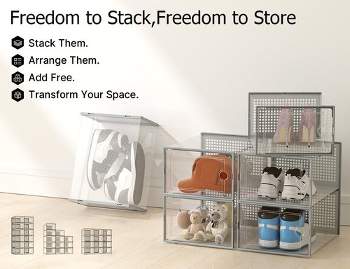 Kuject Shoe Storage Boxes - XX-Large Clear Plastic Organizers, Stackable 12-Pack for Closet & Under Bed, Grey