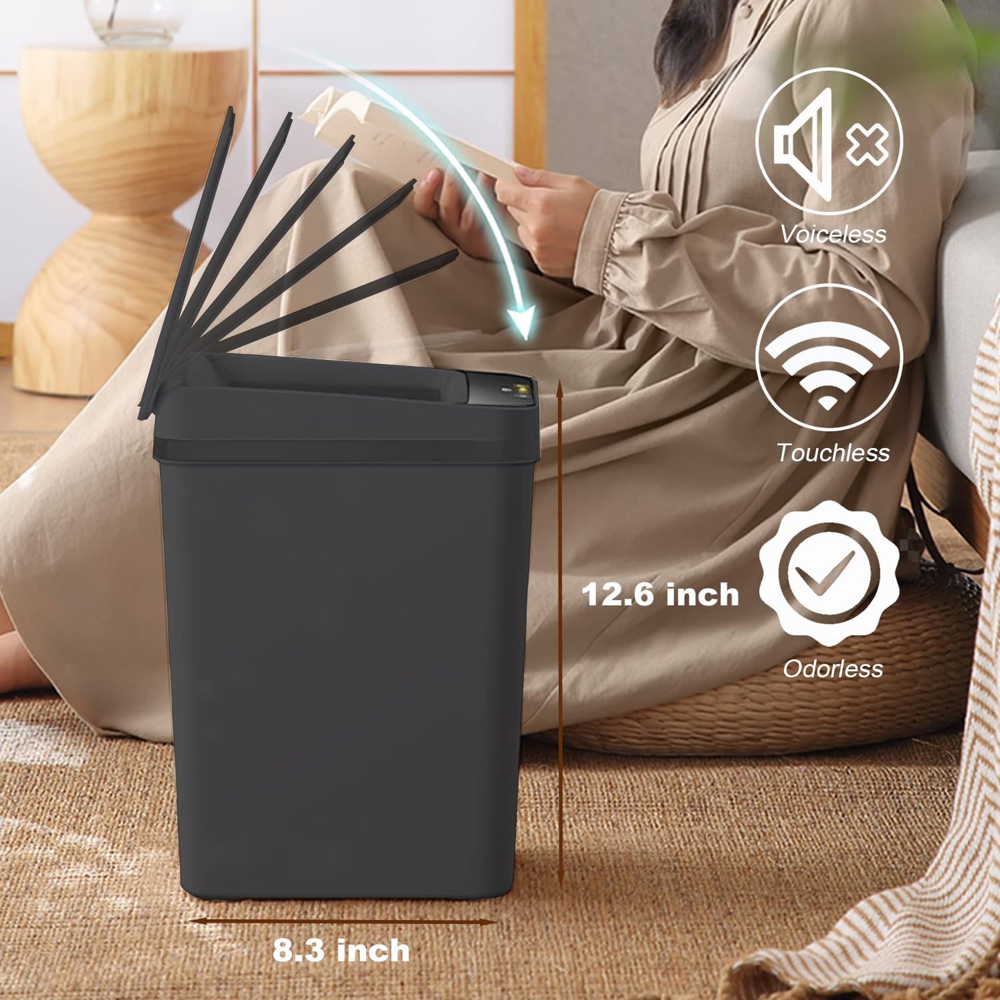 Yatmung Touchless Bathroom Trash Can - 2.5 Gallon Smart Sensor Bin - Slim Electric Design in Black