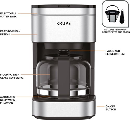 KRUPS Simply Brew Compact 5-Cup Coffee Maker - Stainless Steel, Pause & Brew, Keep Warm Feature