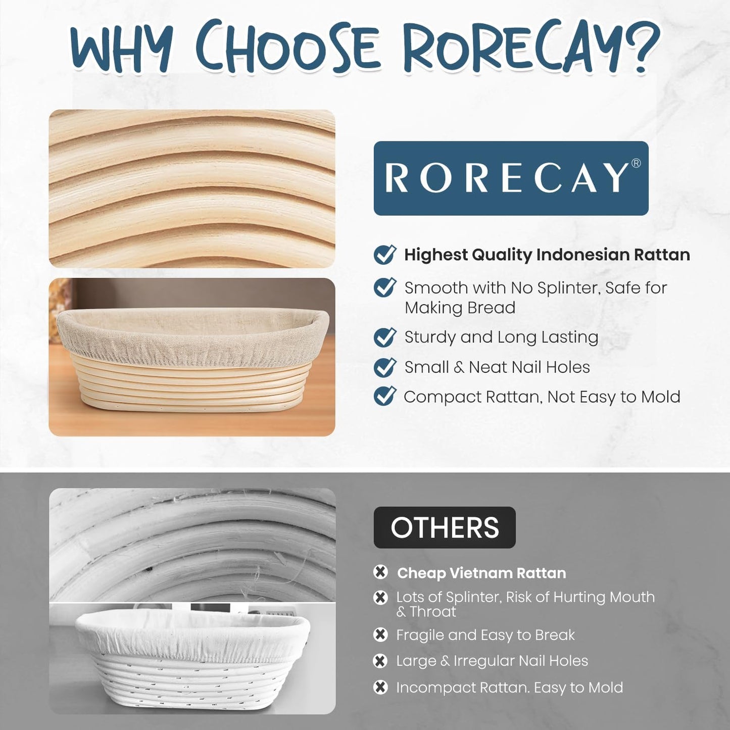 RORECAY Sourdough Bread Proofing Basket Set - 9" Round & 10" Oval Cane Baskets with Dough Tools