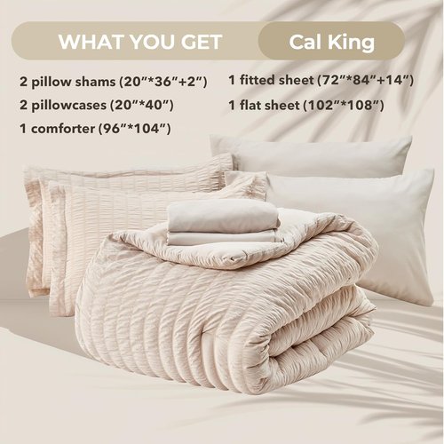 HYMOKEGE California King Comforter Set - 7-Piece All-Season Luxury Bedding in Beige with Sheets & Pillowcases