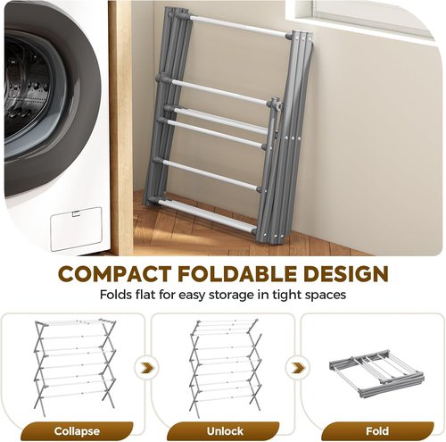 KINGBOARD Collapsible Clothes Drying Rack - 3-Tier Design with 11 Poles | Foldable & Lightweight, 25lb Capacity, White & Grey