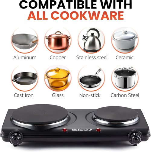 Elite Gourmet Countertop Double Cast Iron Burner - 1500 Watts Electric Hot Plate with Temperature Controls & Power Indicator Lights - Easy to Clean, Black (Pack of 3)