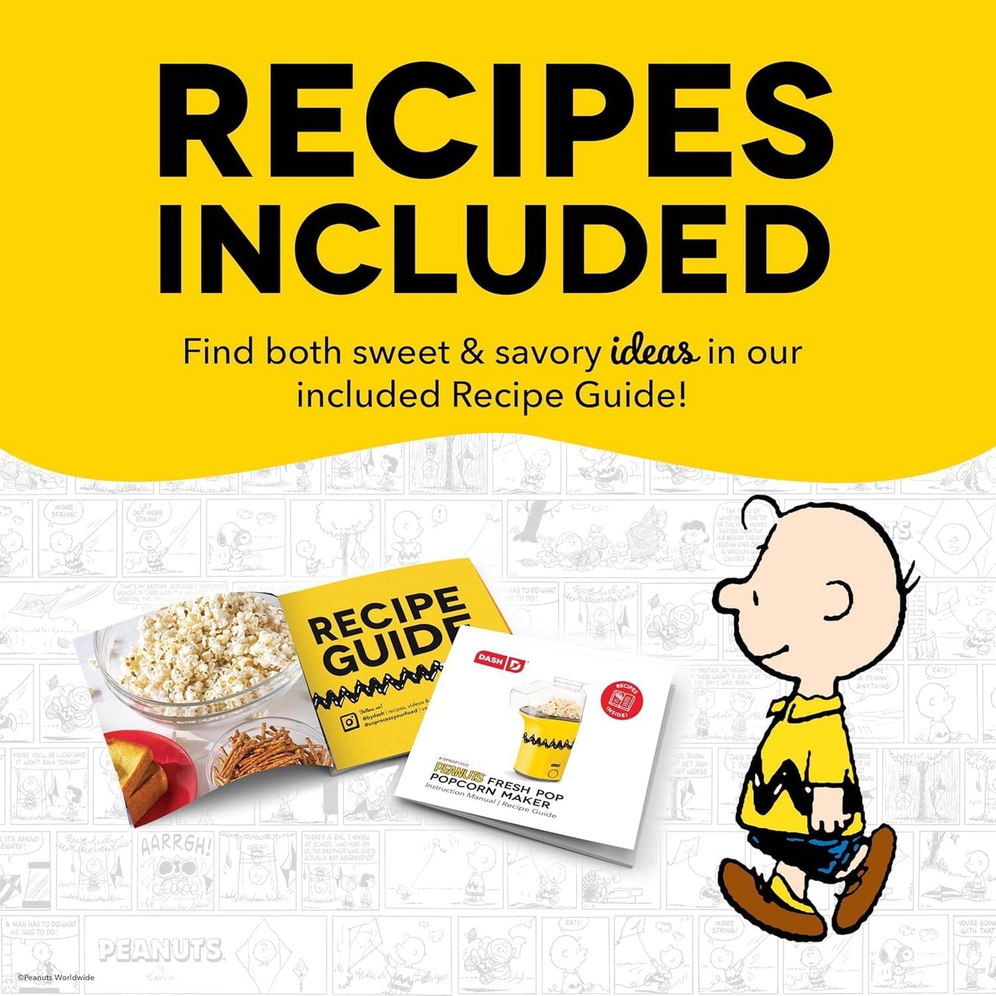 Peanuts DASH Fresh Pop Popcorn Maker - Oil-Free Air Popper with Measuring Cup & Recipe Guide - 16 Cups for Movie Nights
