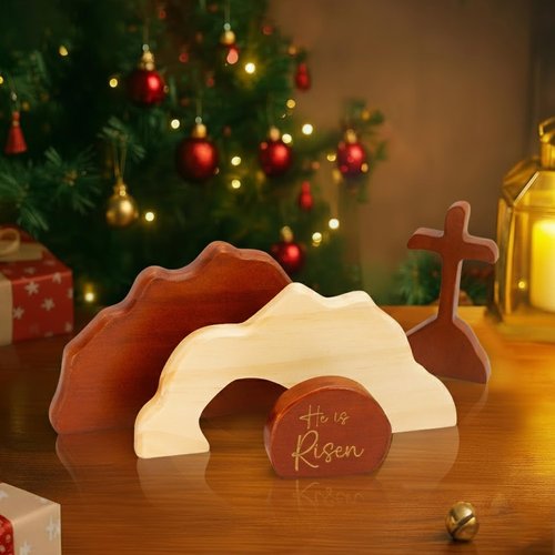 RUSATEN He is Risen Easter Decor β Wooden Resurrection Scene with Empty Tomb, Cross & Figurines, Christian Religious Tabletop Decoration for Home Christian Easter Basket Stuffer