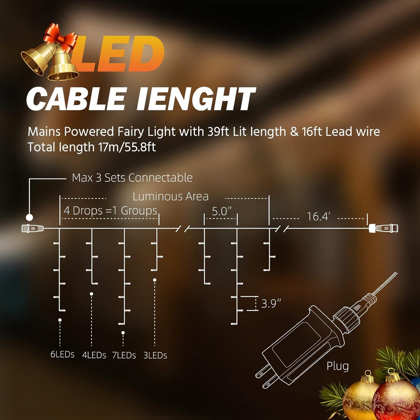 USOKYO Icicle Christmas Lights - 480 LED 39FT Twinkle String Lights with 96 Drops & Timer | Warm White