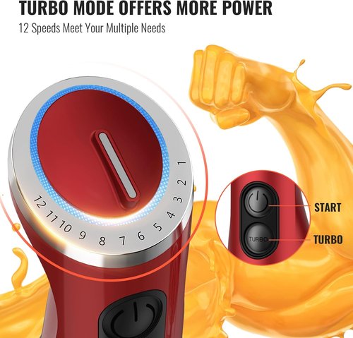 KOIOS 5-in-1 Hand Immersion Blender - 1000W, 12 Speed, Stainless Steel Blade, Red | Includes Mixing Beaker & Food Processor