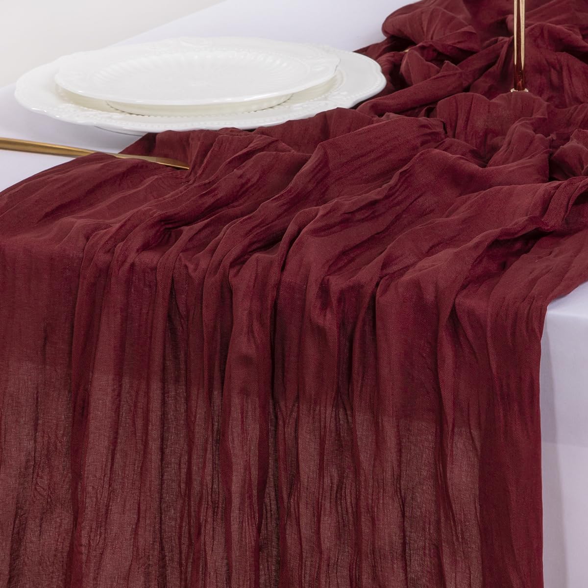 **Socomi Burgundy Red Table Runner - Boho Rustic Cheesecloth Design | 120 Inch for Weddings & Events**