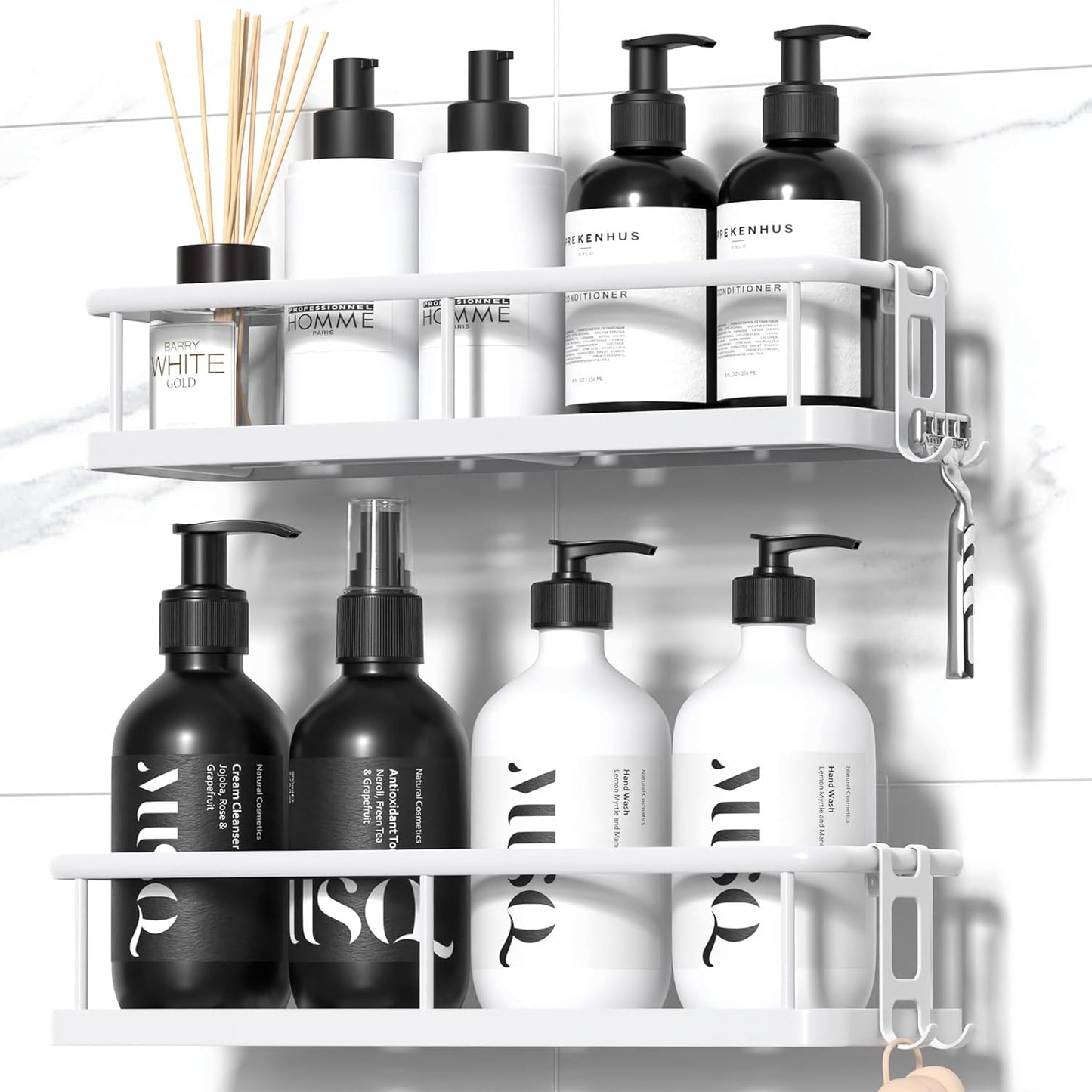 YASONIC Shower Caddy - No Drill Wall-Mounted Organizer with Removable Hooks | Rust-Proof, White, 2 Pack