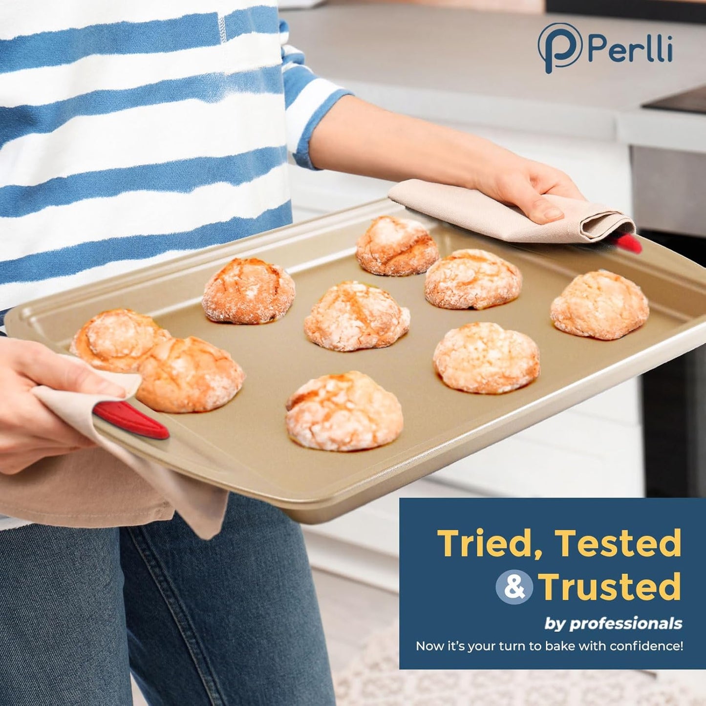 Perlli 10-Piece Nonstick Baking Set - Gold Steel Bakeware with Silicone Handles & Versatile Pans