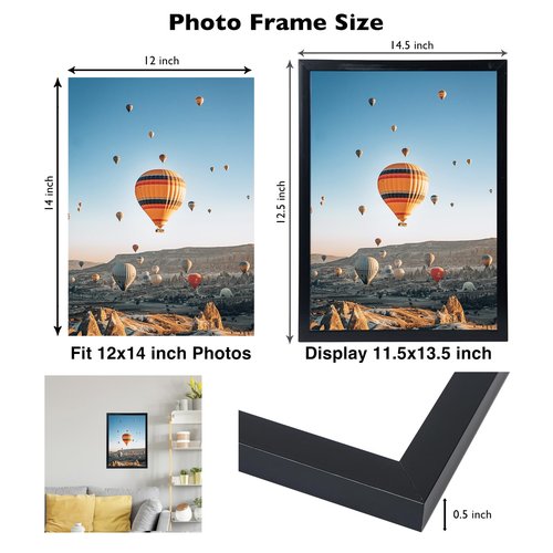 JCJMY 12x14 Picture Frame Black for Wall Hanging, Wall Mounting Horizontally or Vertically, 12 x 14 Wall Gallery Poster Photo Frames with Shatter Resistant Plexiglass, Black