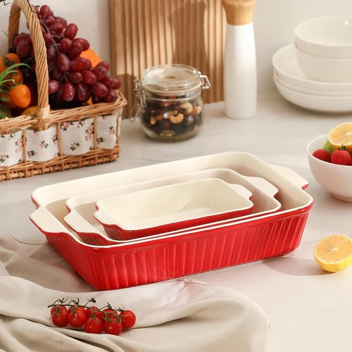 DOWAN Casserole Dishes - Set of 3 Rectangular Ceramic Baking Dishes, 135 oz Capacity, Red | Perfect for Oven Use