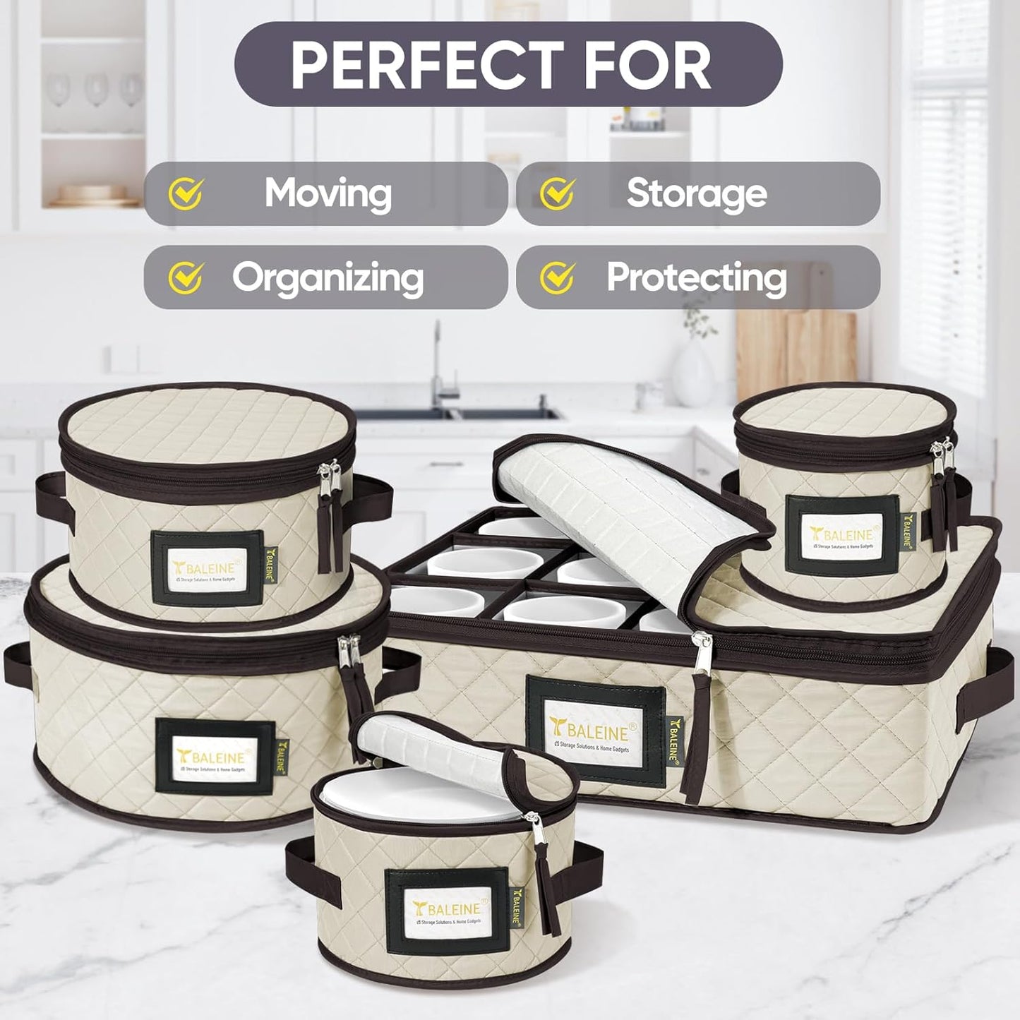 BALEINE Quilted Wine Glass Storage Containers - Sturdy Plate Organizer with Carry Handles | Soft Shell Cream