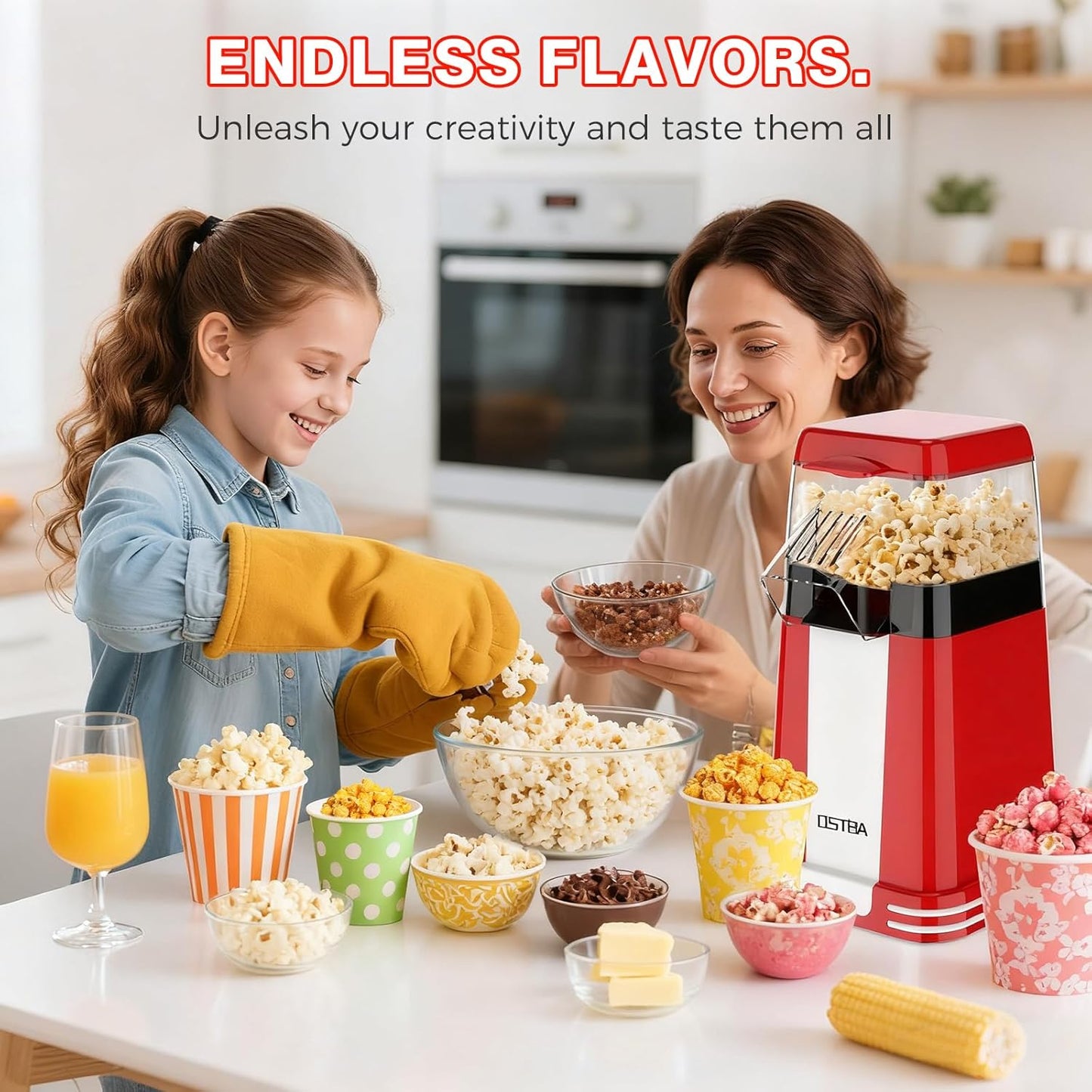 OSTBA Popcorn Maker - 1200W Mini Retro Air Popper | 12 Cups Oil-Free Electric Popcorn Machine with Butter Tray
