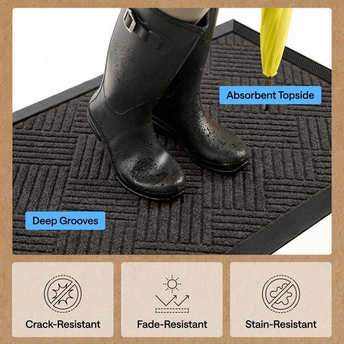 GORILLA GRIP 100% Waterproof All-Season WeatherMAX Doormat, 34x58, US Designed Natural Rubber, Stain and Fade Resistant, Low Profile Indoor Outdoor Door Mats, Easy Clean Patio Mat, Gray Diamond