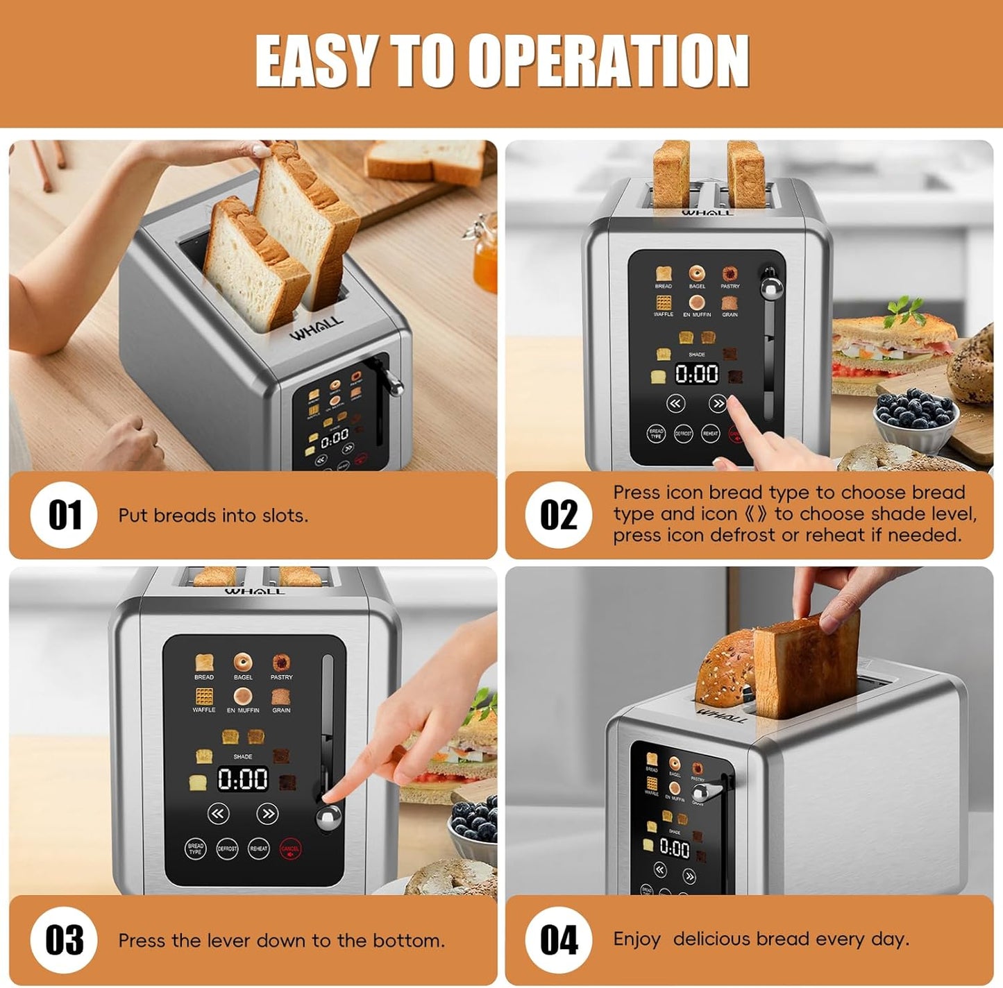 WHALL® Touch Screen Toaster - 2 Slice Stainless Steel with Digital Timer, 6 Bread Types & Shade Settings
