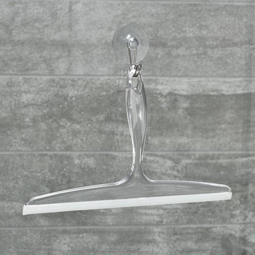 iDesign Plastic Bath Squeegee for Glass with Suction Hook Holder – 12", Clear