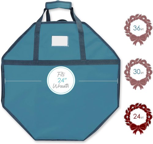 Hearth & Harbor Christmas Wreath Storage Organizer Box - Premium Hard Shell with Dual Zipper & Pockets | 24" Blue