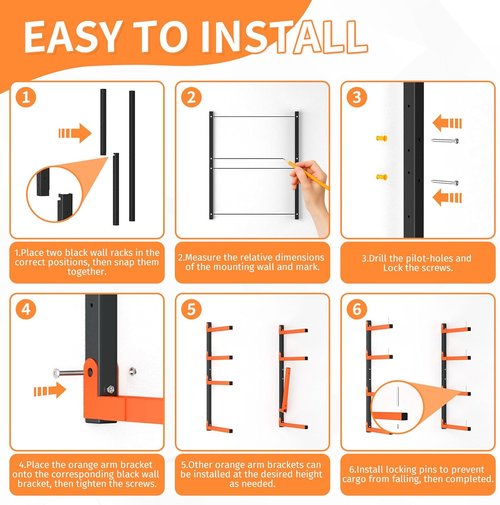Lumber Storage Rack - 4 Pack Adjustable Wall Mount | Heavy Duty Metal Holds Up to 1040 Lbs