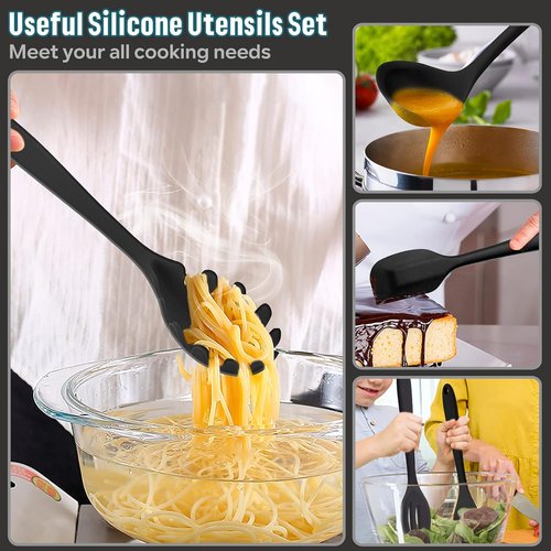 E-far Silicone Cooking Utensils Set - 7-Piece Heat Resistant Nonstick Kitchen Tools | Black & Dishwasher Safe