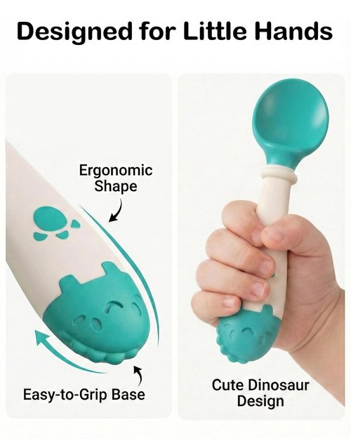 Deejoy Toddler Utensils - Self-Feeding Flatware Set with Travel Case | Silicone Bendable Handles, Easy Grip, Stage 2 Green