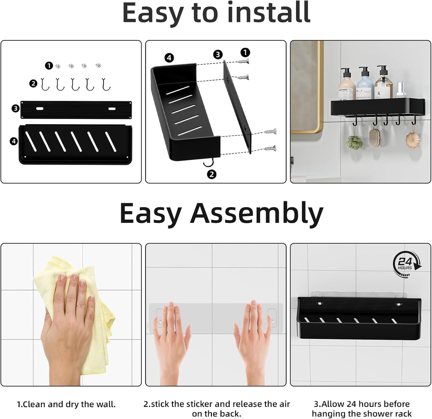 Wisfame Shower Caddy - No Drill Rustproof Bathroom Shelf | Large Capacity Aluminum Organizer with 5 Hooks - Black