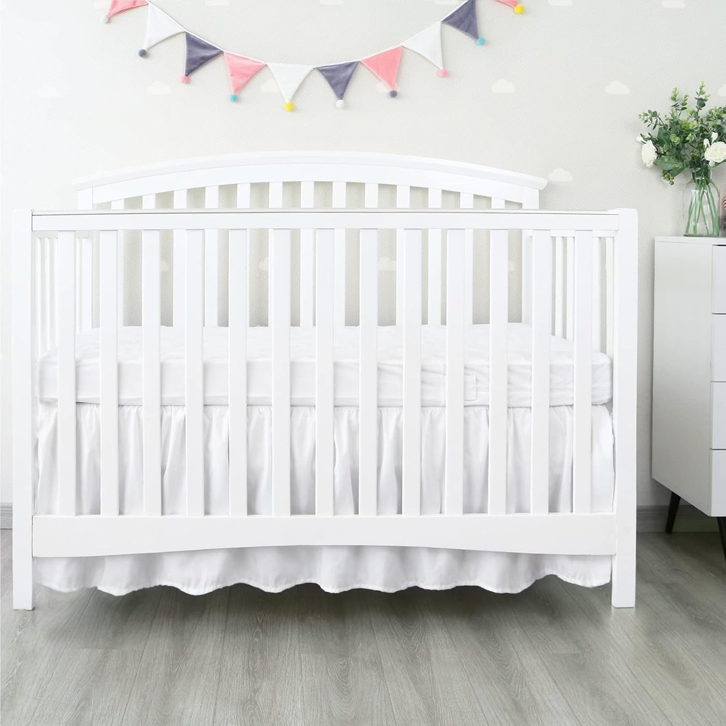 Skiennix Crib Bed Skirt - 28” x 52” Pleated Dust Ruffle with 14” Drop | Soft Solid White Design