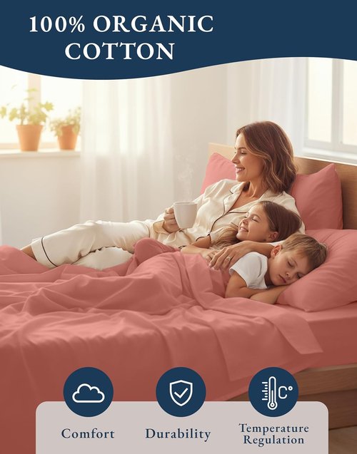 **Lane Linen 100% Organic Cotton Queen Sheets - Eco-Friendly, Mercerized Bedding Set in Rose Dawn**