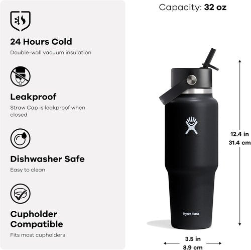 Hydro Flask Insulated Travel Water Bottle - Leakproof Wide Straw Lid - 32 Oz Oat Tan