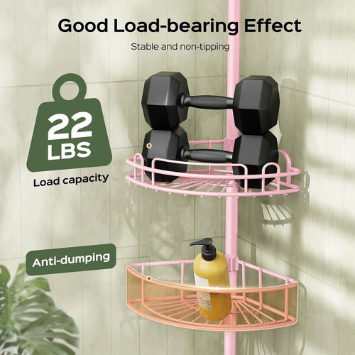 HAMITOR Corner Shower Caddy - 4-Tier Rust-Resistant Bathroom Organizer | Adjustable 47-121 Inch - No-Drill Installation - Space-Saving Pink Shelves