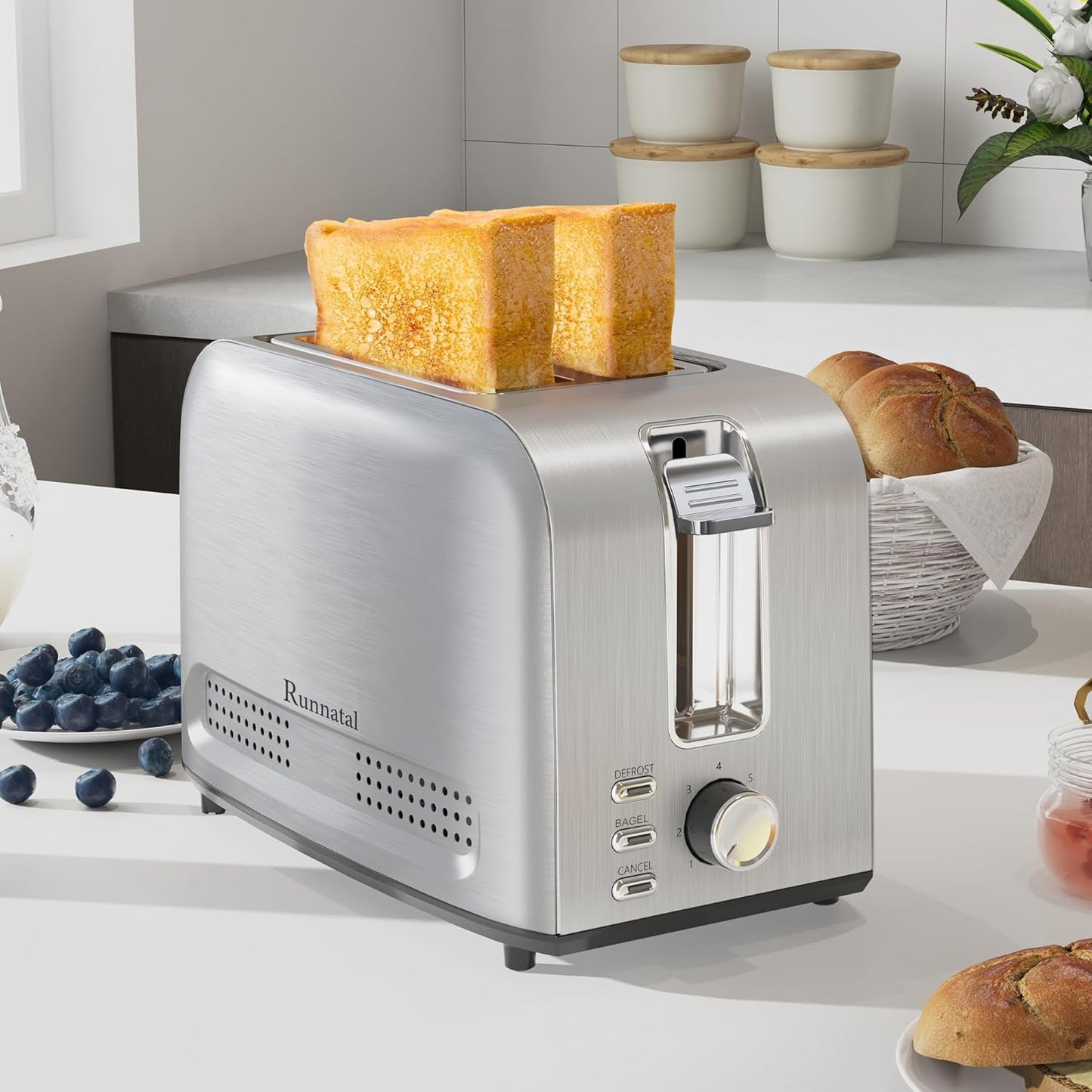 Runnatal 2-Slice Stainless Steel Toaster - Multifunctional with 7 Settings, Defrost & Bagel Functions | Easy to Clean, Silver