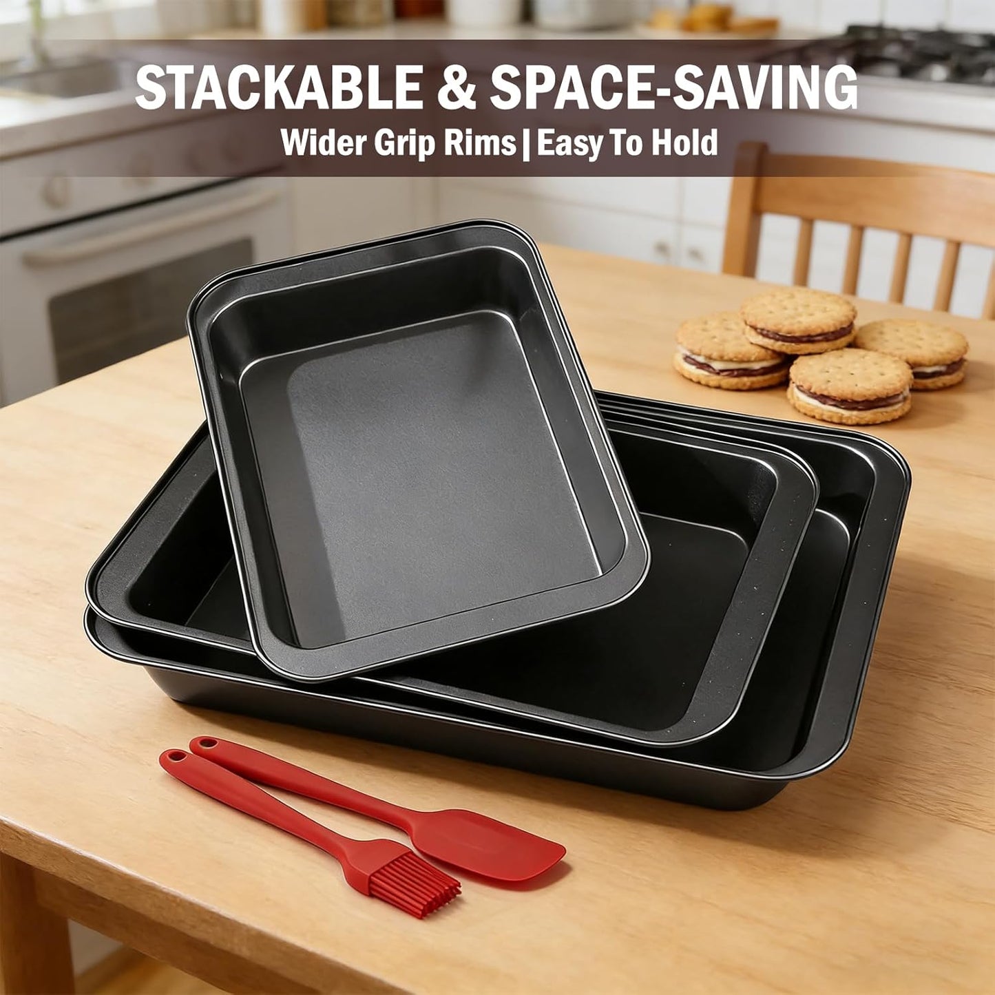 Skiennix 3-Piece Baking Pan Set - Nonstick Rectangle Bakeware | Stackable & Rust Resistant