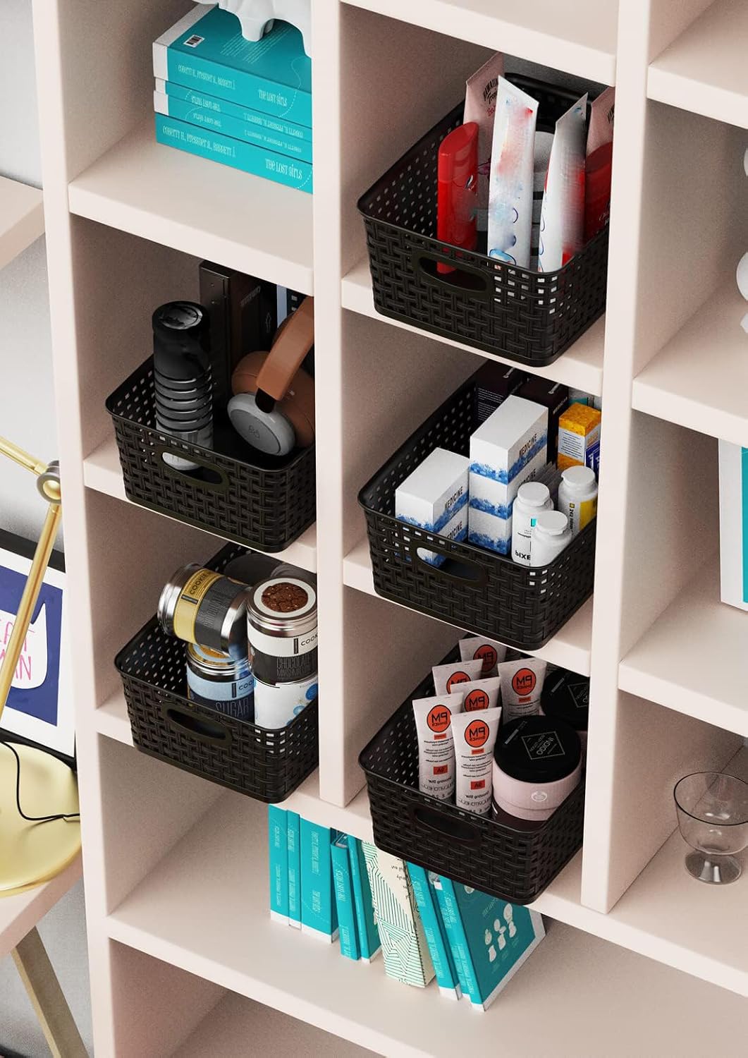 WYT 12-Pack Black Plastic Weave Storage Baskets - Perfect for Organizing Small Spaces