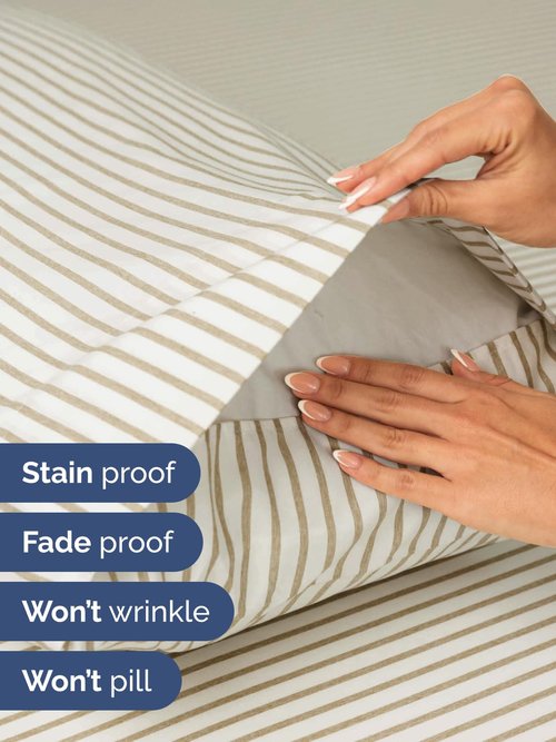 Extra Deep Queen Sheet Set - 6 Piece Breathable and Cooling Sheets - Hotel Luxury Bedding for Women, Men, Kids & Teens - Easy Secure Fit - Soft & Wrinkle Free with Extra Deep Pockets - Beige Stripes