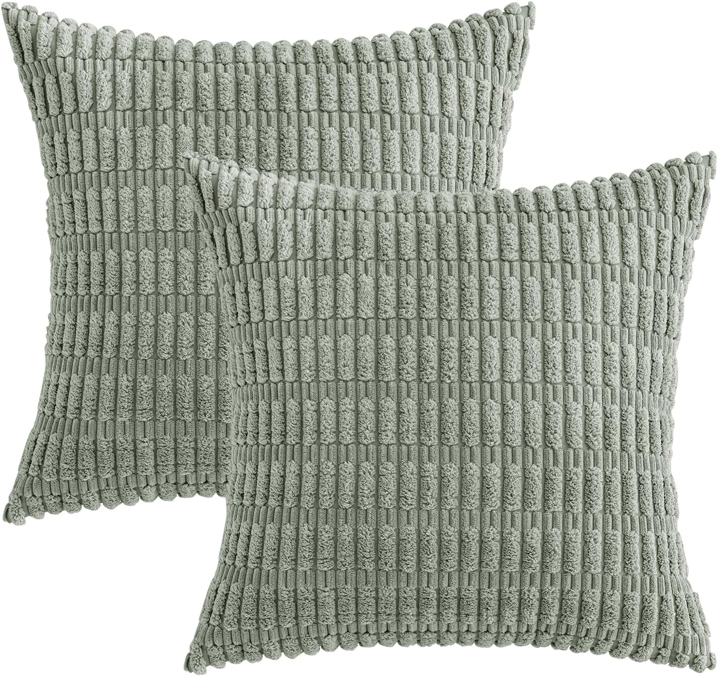 MIULEE Decorative Throw Pillow Covers - Soft Boho Striped Corduroy | Pack of 2, 12x12 Inch, Greyish Green