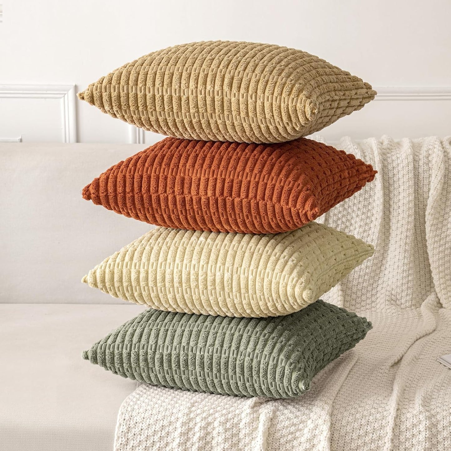 MIULEE Corduroy Throw Pillow Covers - Soft Boho Striped Design | 16x16 Inch Light Olive Green